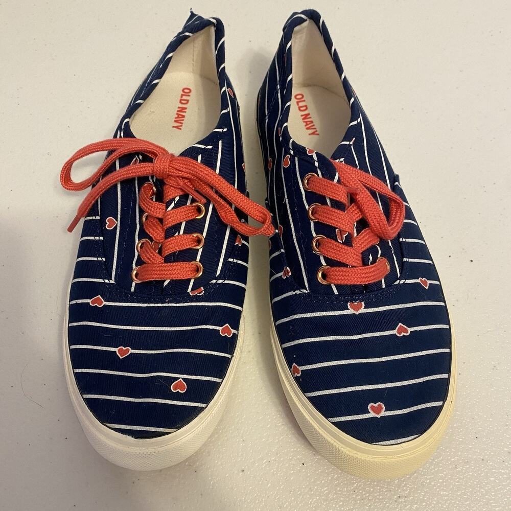 Old Navy Women Junior Teen Sneakers Shoes Tennis Lace Navy Blue Red Heart Sz 4 - Picture 4 of 6
